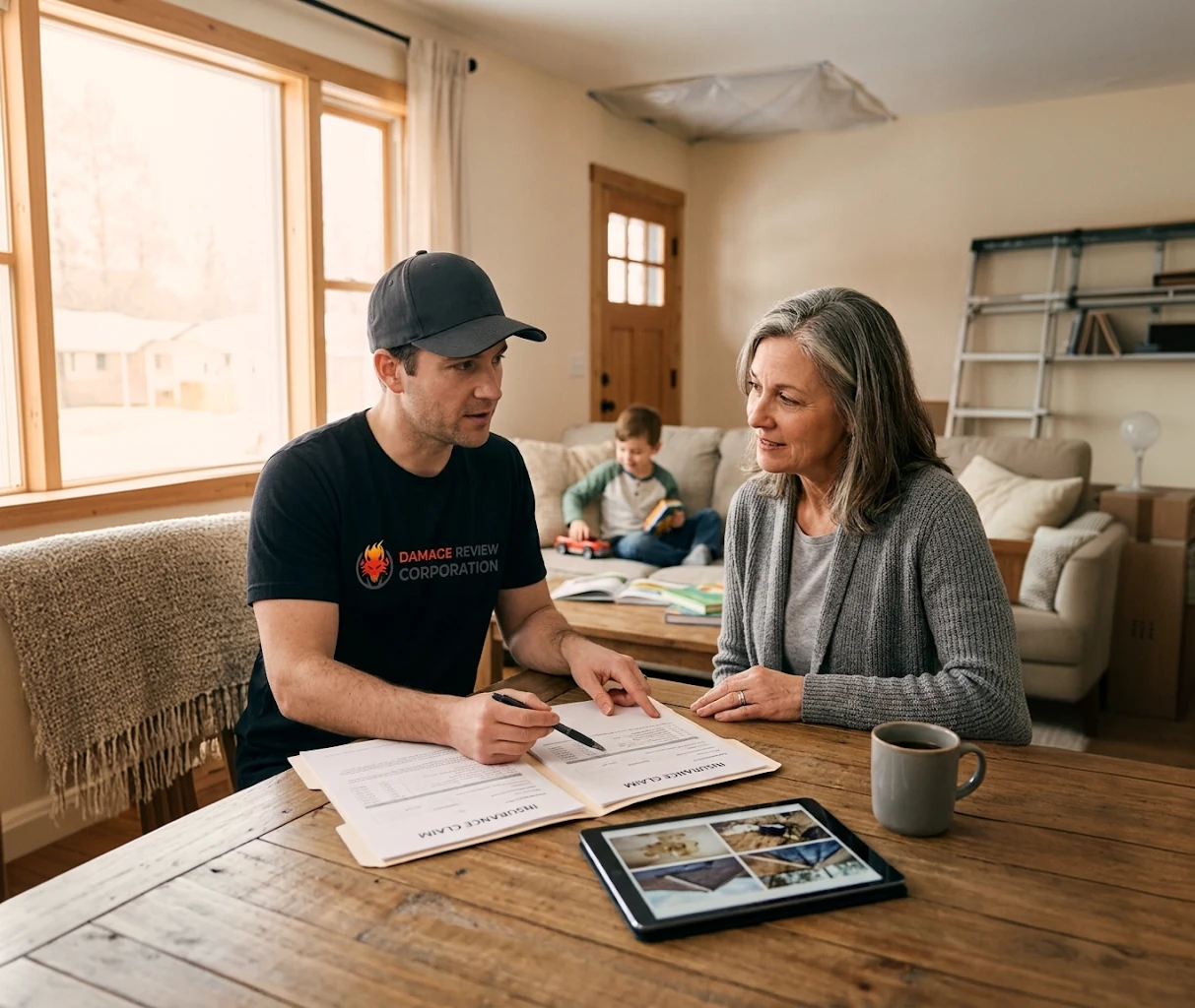 Homeowners reviewing insurance claim documents at a kitchen table