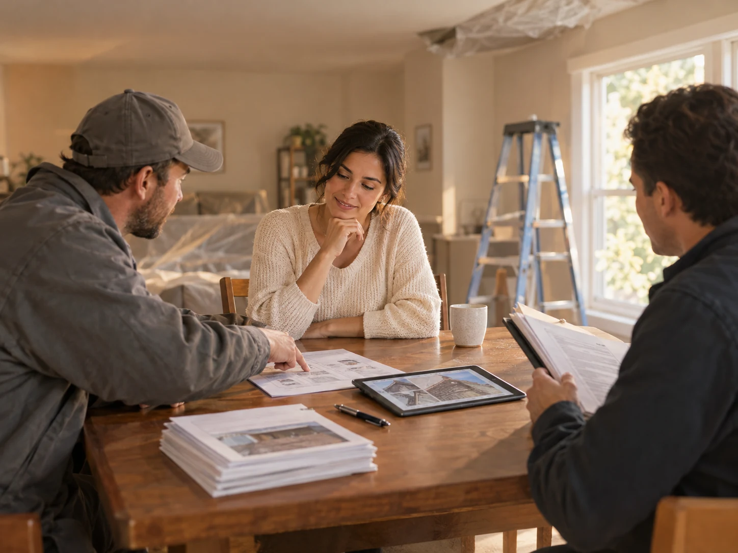 Homeowners meeting a contractor to review renovation plans