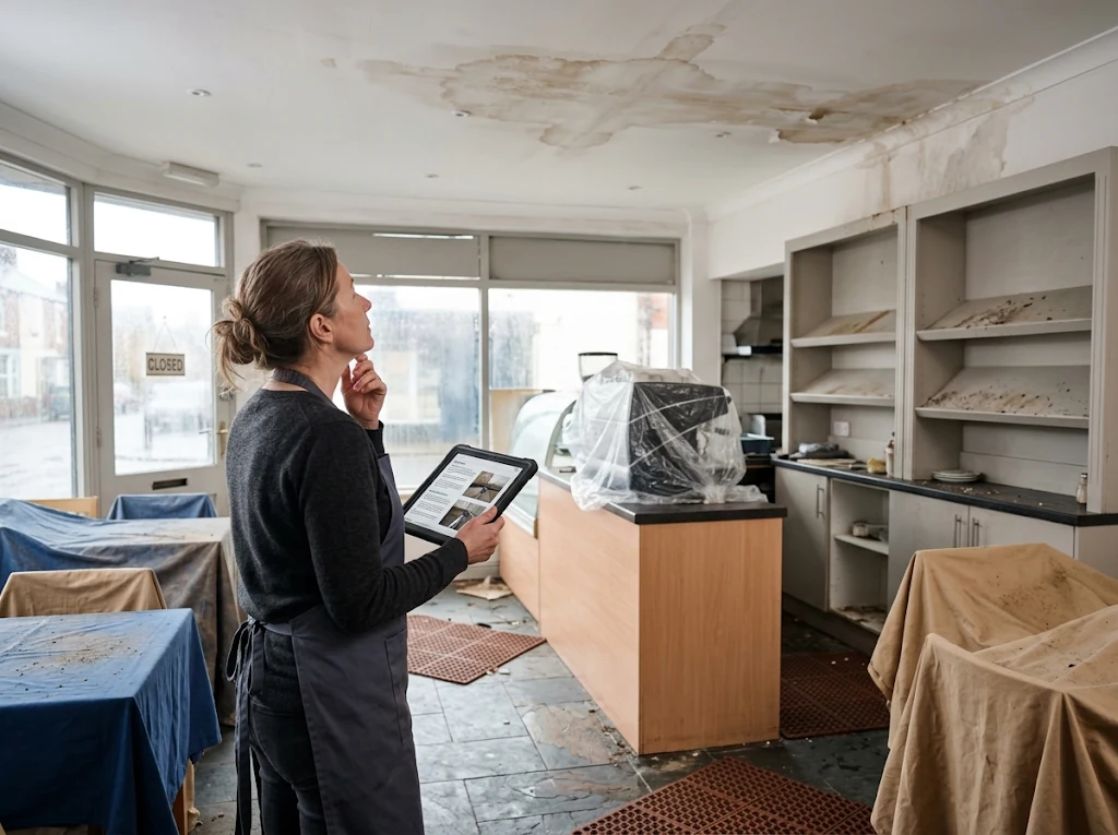 Business owner documenting water damage inside a shop